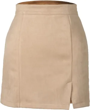 Womens Faux Suede Mini Skirt with Slit Hem, High Waisted Side Split Bodycon Short Skirt Zipper Back Sexy Work Skirts
