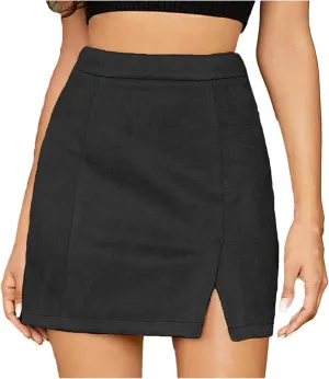 Womens Faux Suede Mini Skirt with Slit Hem, High Waisted Side Split Bodycon Short Skirt Zipper Back Sexy Work Skirts
