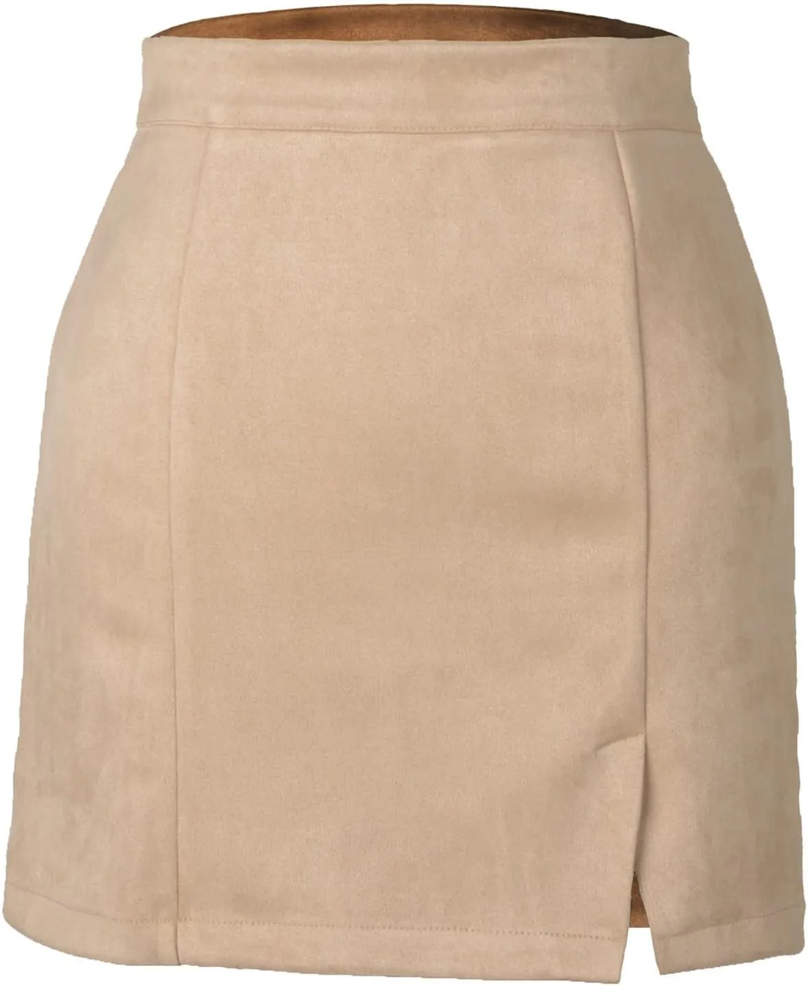 Womens Faux Suede Mini Skirt with Slit Hem, High Waisted Side Split Bodycon Short Skirt Zipper Back Sexy Work Skirts