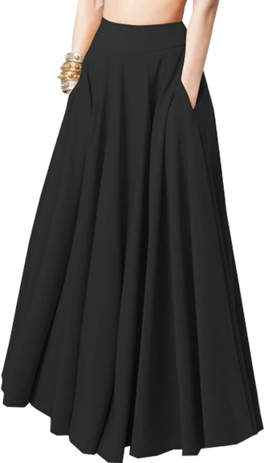Women's Flowy Maxi Skirt 2025 Spring Summer Pleated Long Skirts High Waisted Casual Work Skirts with Pockets