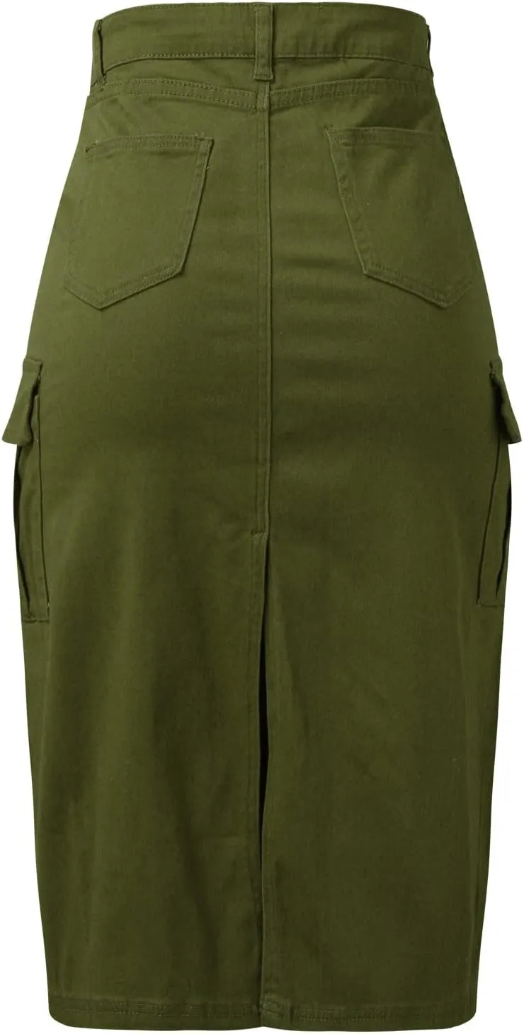 Women's High Waisted Cargo Skirt Summer Casual Pleated Button Jean Skirt with Pockets 2024