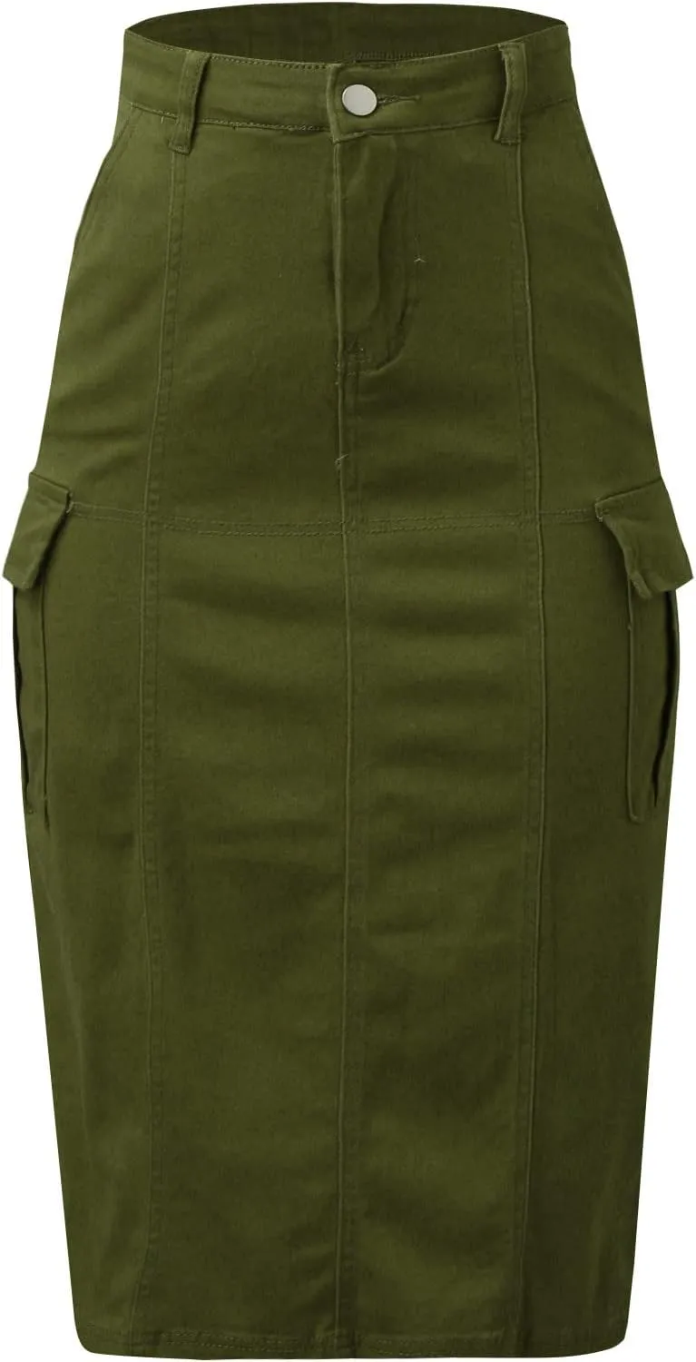 Women's High Waisted Cargo Skirt Summer Casual Pleated Button Jean Skirt with Pockets 2024