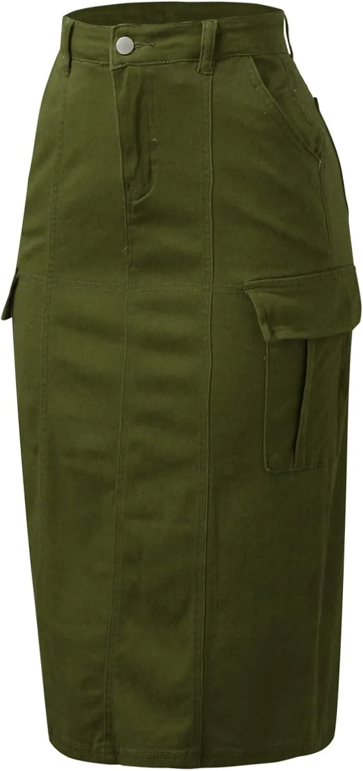 Women's High Waisted Cargo Skirt Summer Casual Pleated Button Jean Skirt with Pockets 2024