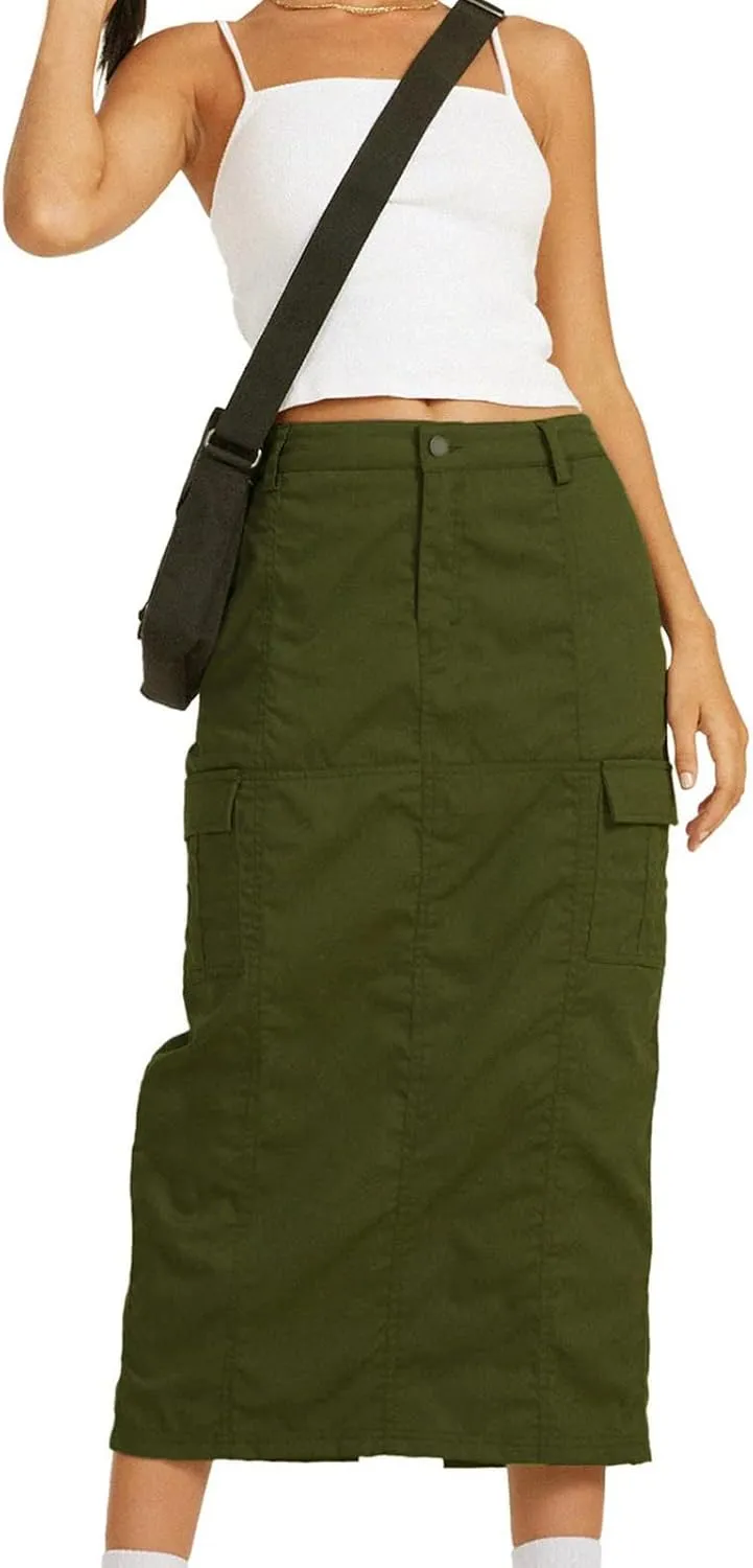 Women's High Waisted Cargo Skirt Summer Casual Pleated Button Jean Skirt with Pockets 2024