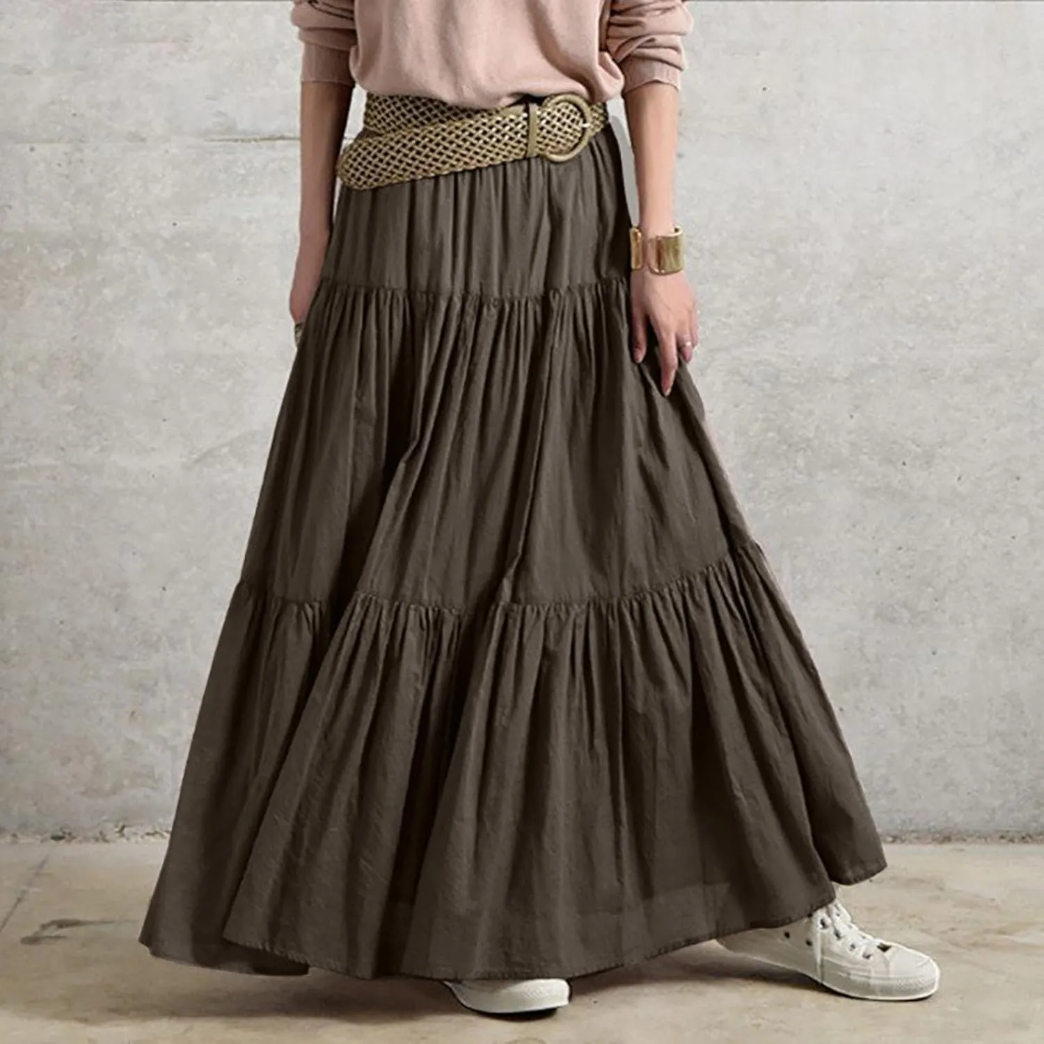 Womens Linen Cotton Maxi Skirt Pleated Elastic High Waist Summer Casual Fashion Elegant Flowy Plus Size Long Skirts