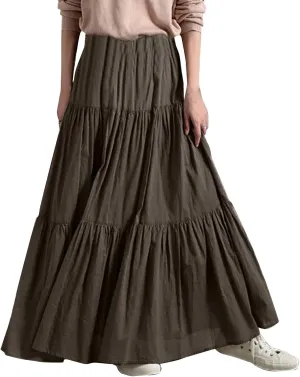 Womens Linen Cotton Maxi Skirt Pleated Elastic High Waist Summer Casual Fashion Elegant Flowy Plus Size Long Skirts