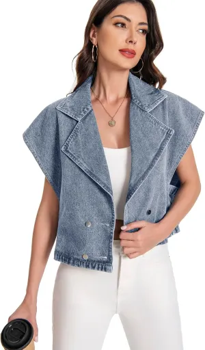 Women's Oversized Denim Vest Jean Cropped Casual Lightweight Jacket,Perfect for Spring Summer Outfits