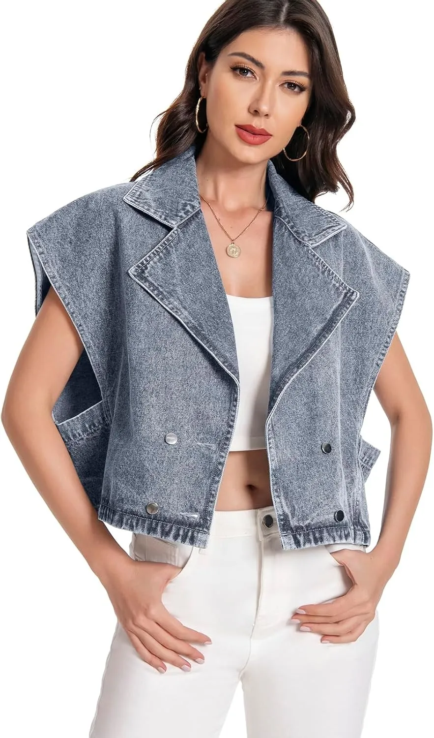 Women's Oversized Denim Vest Jean Cropped Casual Lightweight Jacket,Perfect for Spring Summer Outfits