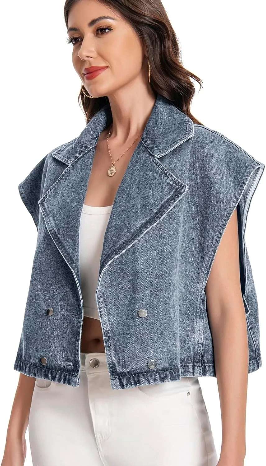 Women's Oversized Denim Vest Jean Cropped Casual Lightweight Jacket,Perfect for Spring Summer Outfits