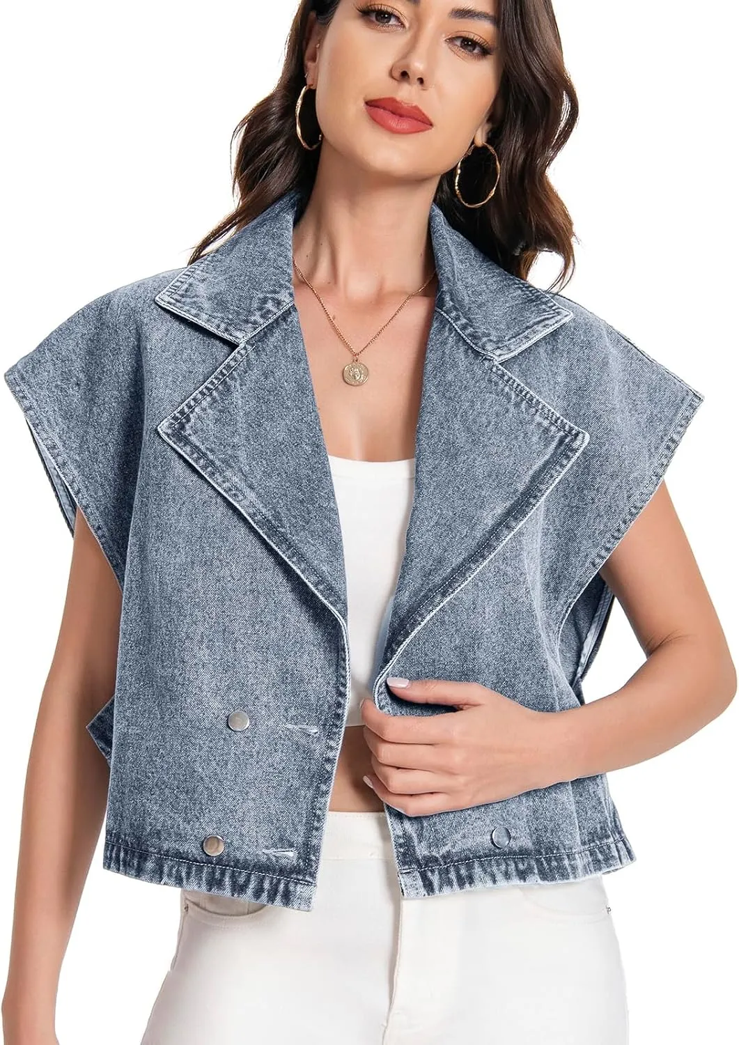 Women's Oversized Denim Vest Jean Cropped Casual Lightweight Jacket,Perfect for Spring Summer Outfits