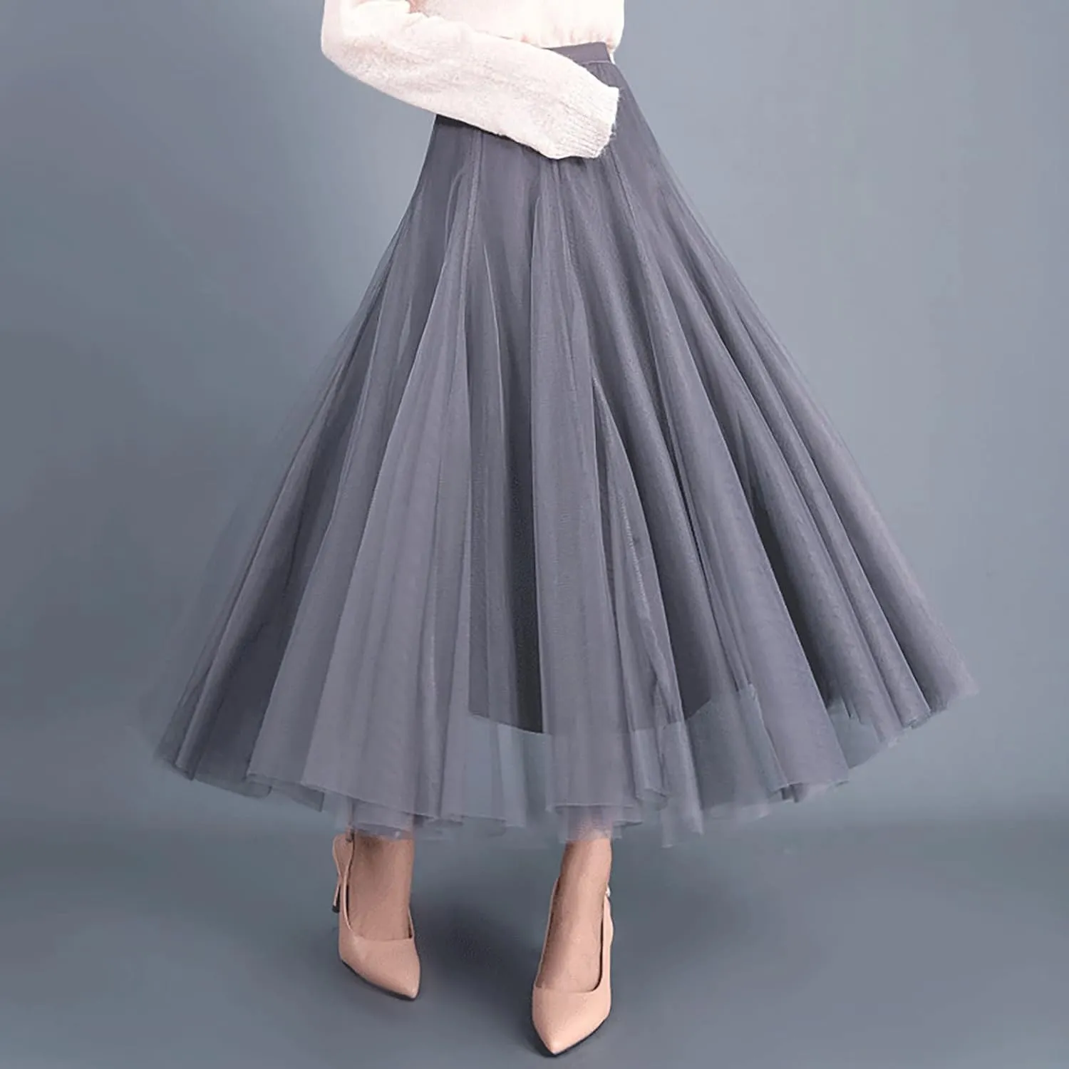 Womens Retro Skirt Women's Tulle Layered Skirt Mesh Pleated Midi Skirts Draped High Waist Elegant Summer A Line