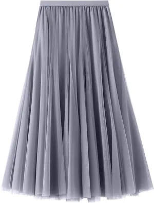 Womens Retro Skirt Women's Tulle Layered Skirt Mesh Pleated Midi Skirts Draped High Waist Elegant Summer A Line