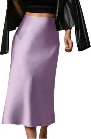 Womens Satin Skirts Business Casual Silk Midi Skirt High Waisted Long Skirts Solid Color Elegant Pencil Work Skirts