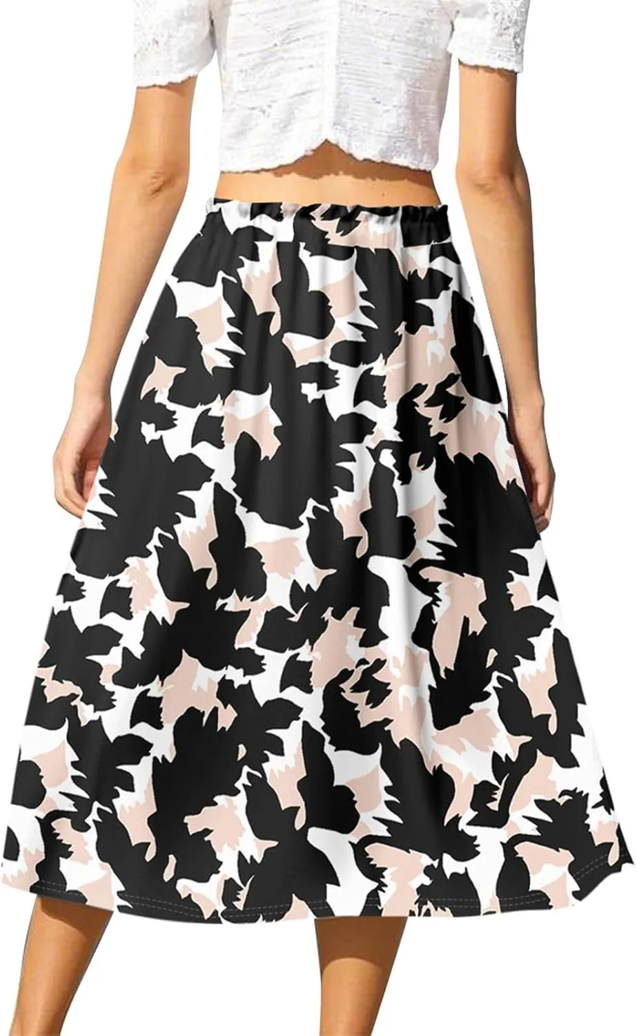 Womens Skirts Midi Length Boho Summer Drawstring Elastic High Waist Skirts Knee Length A Line Floral Pleated Skirt