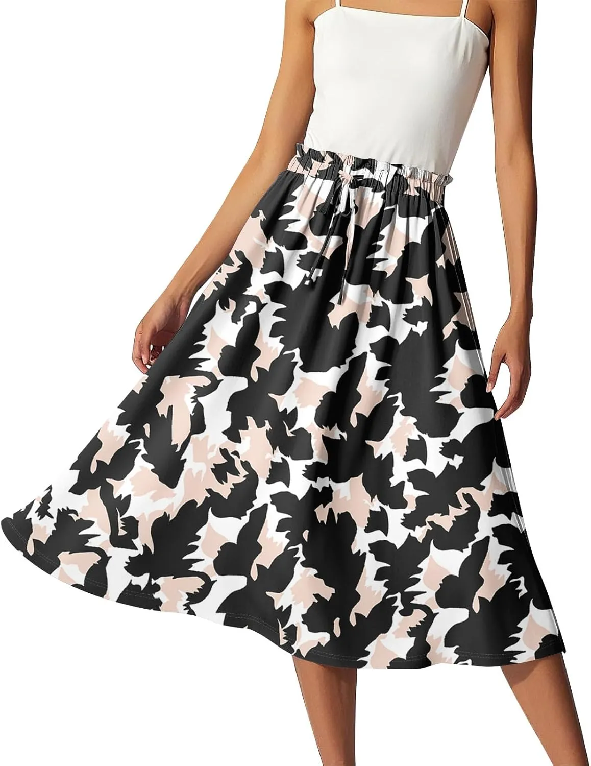 Womens Skirts Midi Length Boho Summer Drawstring Elastic High Waist Skirts Knee Length A Line Floral Pleated Skirt