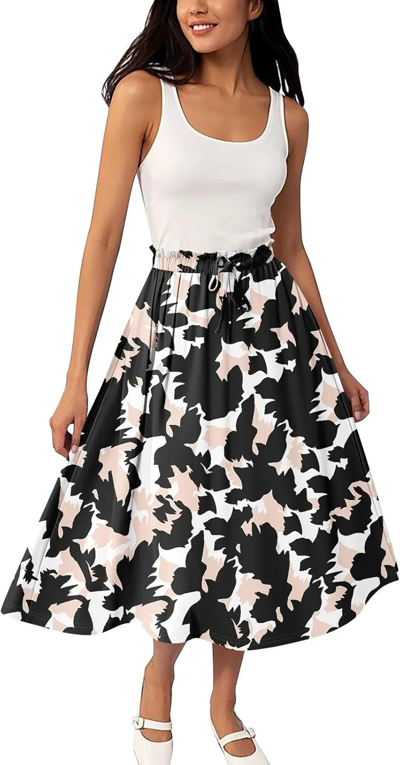 Womens Skirts Midi Length Boho Summer Drawstring Elastic High Waist Skirts Knee Length A Line Floral Pleated Skirt