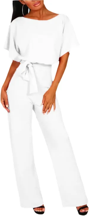 Womens Summer Casual Short Sleeve Pants Suit Beach Vacation Romper Belted Dressy Wedding Guest Jumpsuit Jumper