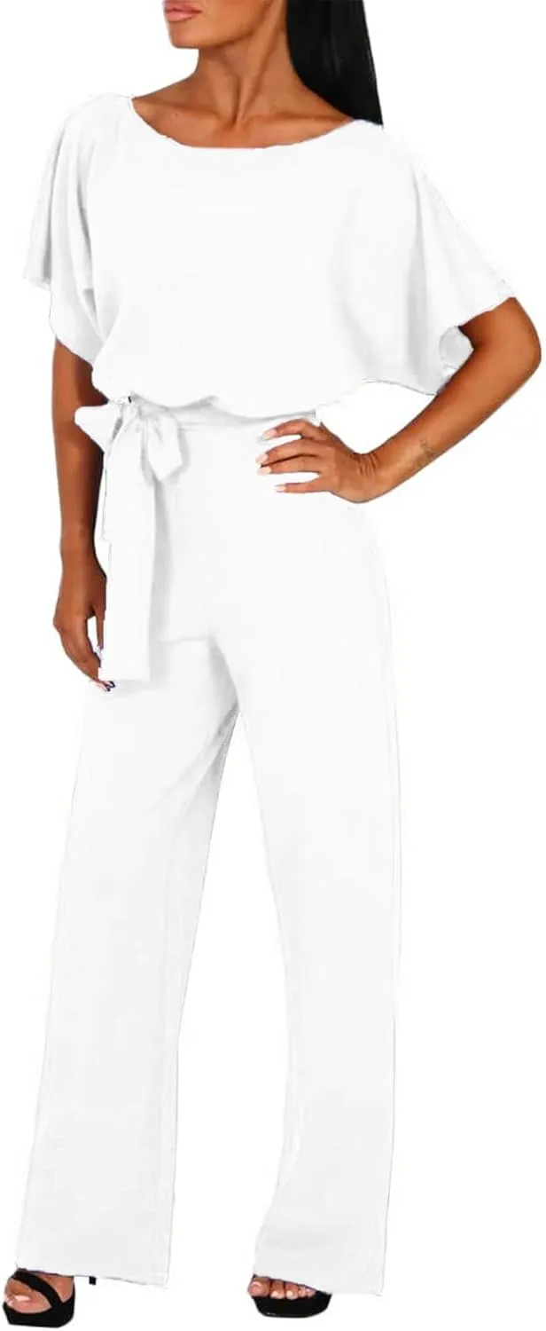Womens Summer Casual Short Sleeve Pants Suit Beach Vacation Romper Belted Dressy Wedding Guest Jumpsuit Jumper