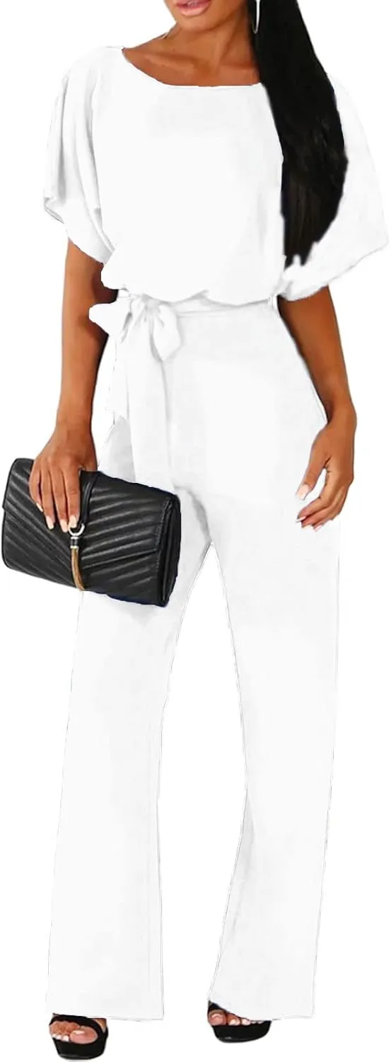 Womens Summer Casual Short Sleeve Pants Suit Beach Vacation Romper Belted Dressy Wedding Guest Jumpsuit Jumper