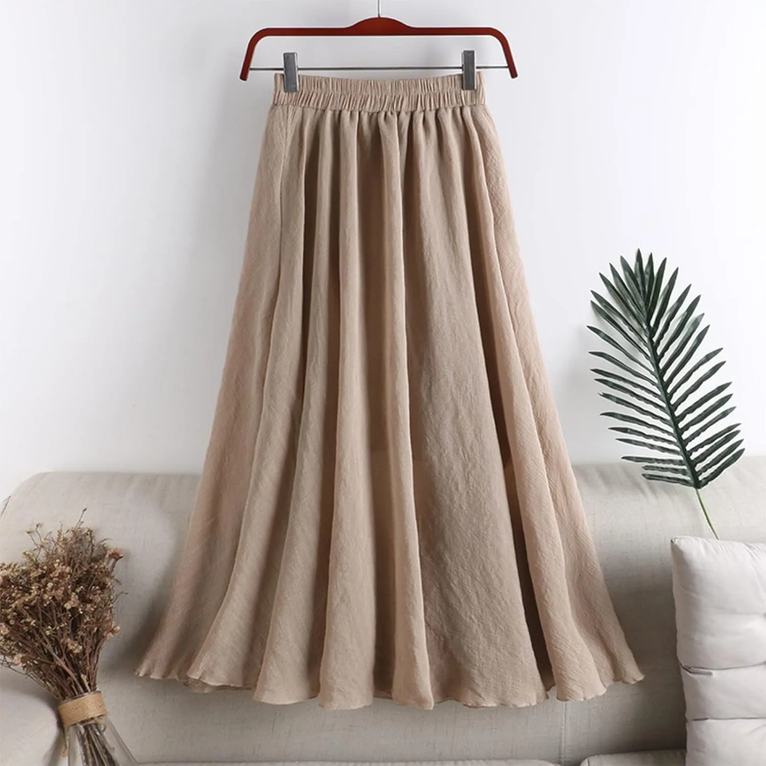 Women's Summer Cotton and Half Skirt High Waisted Slimming Mid Length A Line Loose Elastic Belt Skirt Fashion