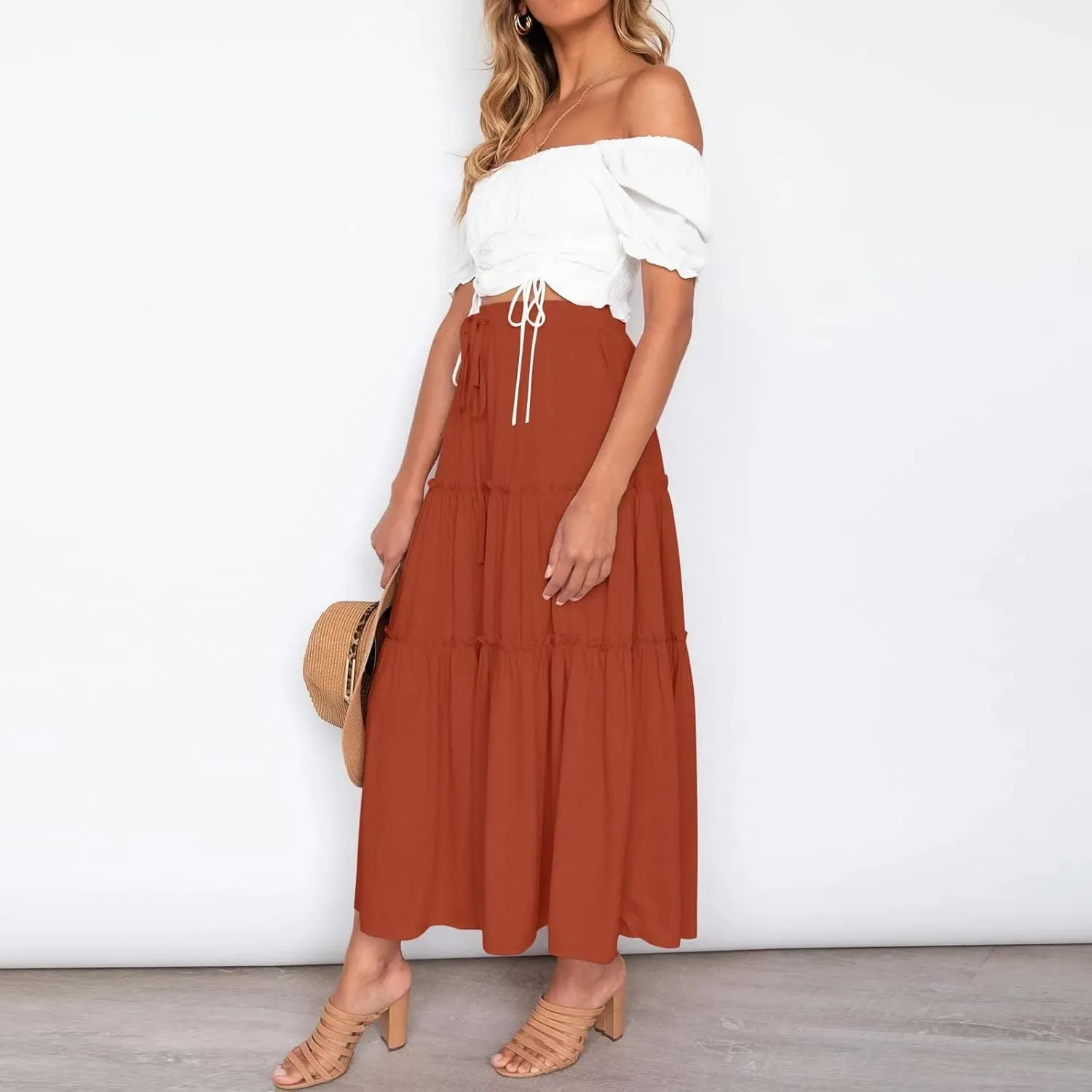 Women's Summer Elastic High Waist Boho Maxi Skirt Casual Drawstring A Line Long Skirt Maxi Skirts for Women