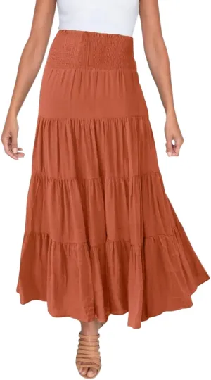 Women's Summer Elastic High Waist Boho Maxi Skirt Casual Drawstring A Line Long Skirt Maxi Skirts for Women