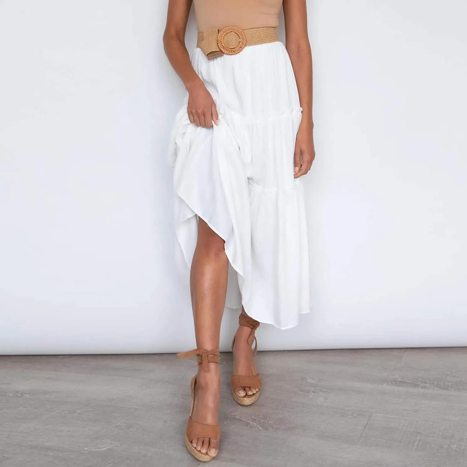 Women's Summer Elastic High Waist Boho Maxi Skirt Casual Drawstring A Line Long Skirt Maxi Skirts for Women