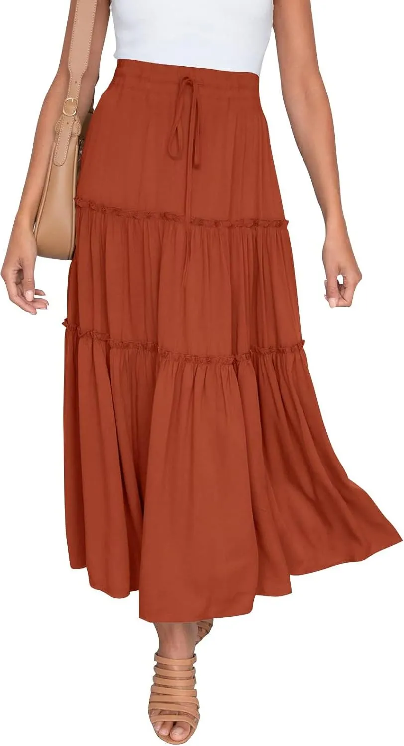 Women's Summer Elastic High Waist Boho Maxi Skirt Casual Drawstring A Line Long Skirt Maxi Skirts for Women