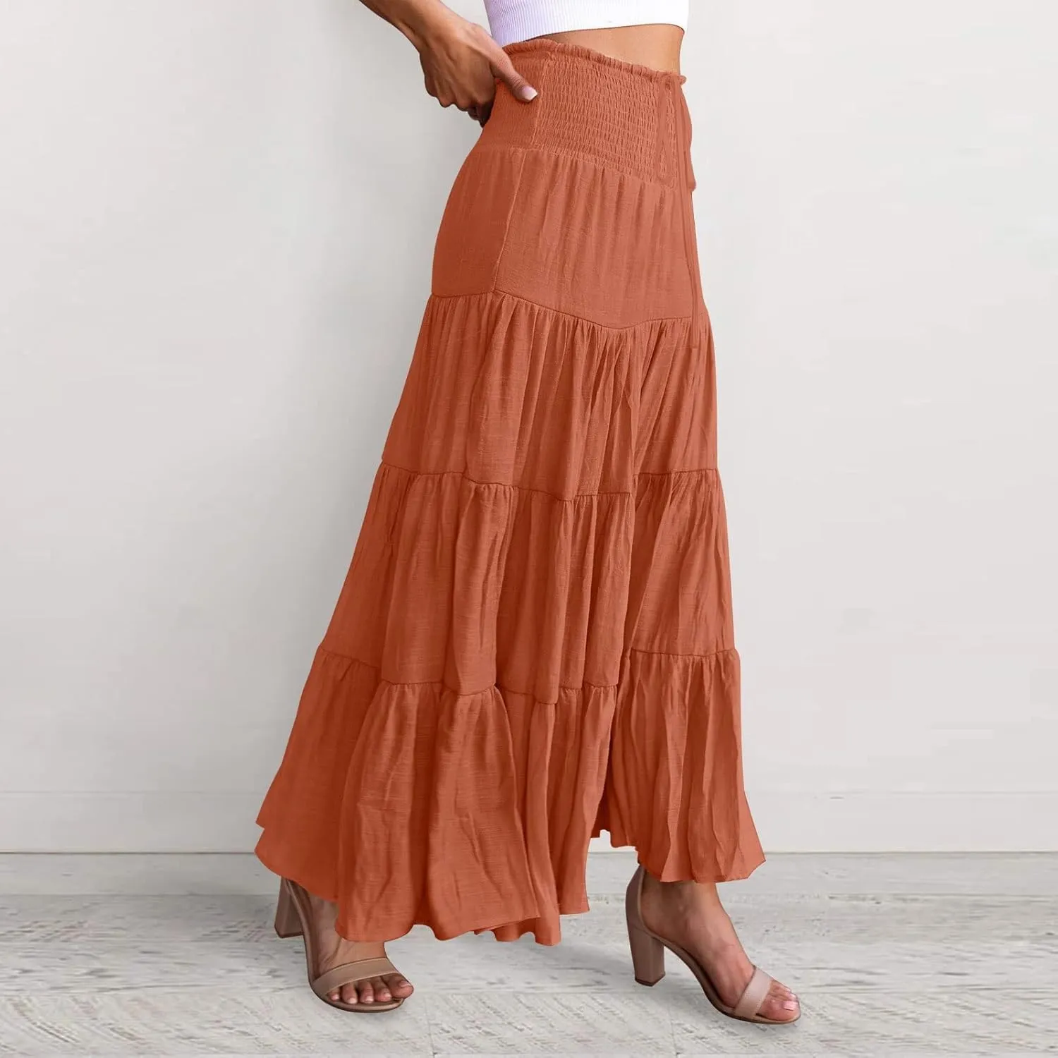 Women's Summer Elastic High Waist Boho Maxi Skirt Casual Drawstring A Line Long Skirt Maxi Skirts for Women