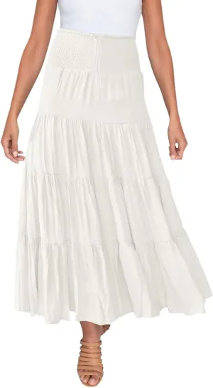 Women's Summer Elastic High Waist Boho Maxi Skirt Casual Drawstring A Line Long Skirt Maxi Skirts for Women