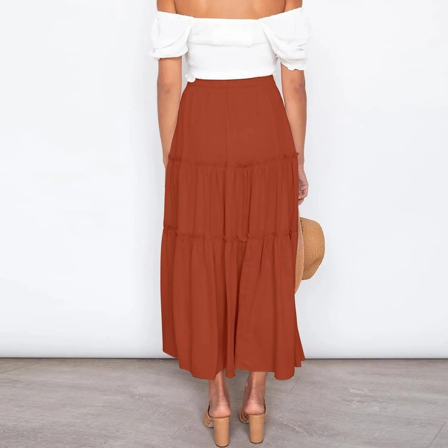 Women's Summer Elastic High Waist Boho Maxi Skirt Casual Drawstring A Line Long Skirt Maxi Skirts for Women