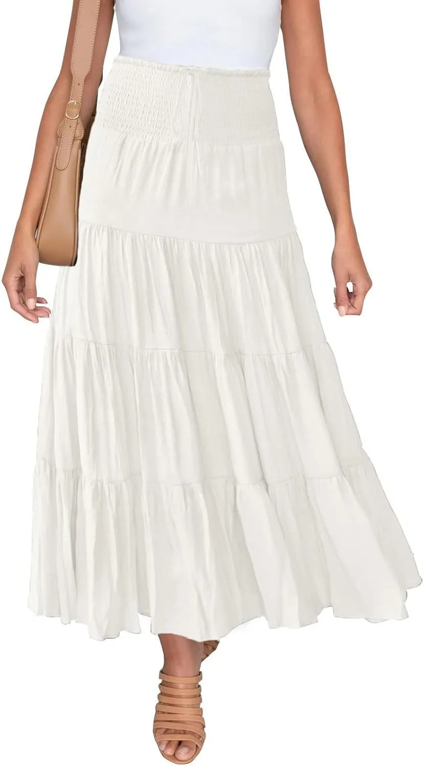 Women's Summer Elastic High Waist Boho Maxi Skirt Casual Drawstring A Line Long Skirt Maxi Skirts for Women