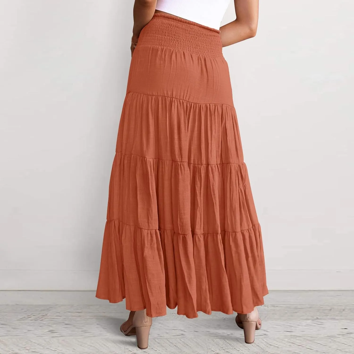 Women's Summer Elastic High Waist Boho Maxi Skirt Casual Drawstring A Line Long Skirt Maxi Skirts for Women