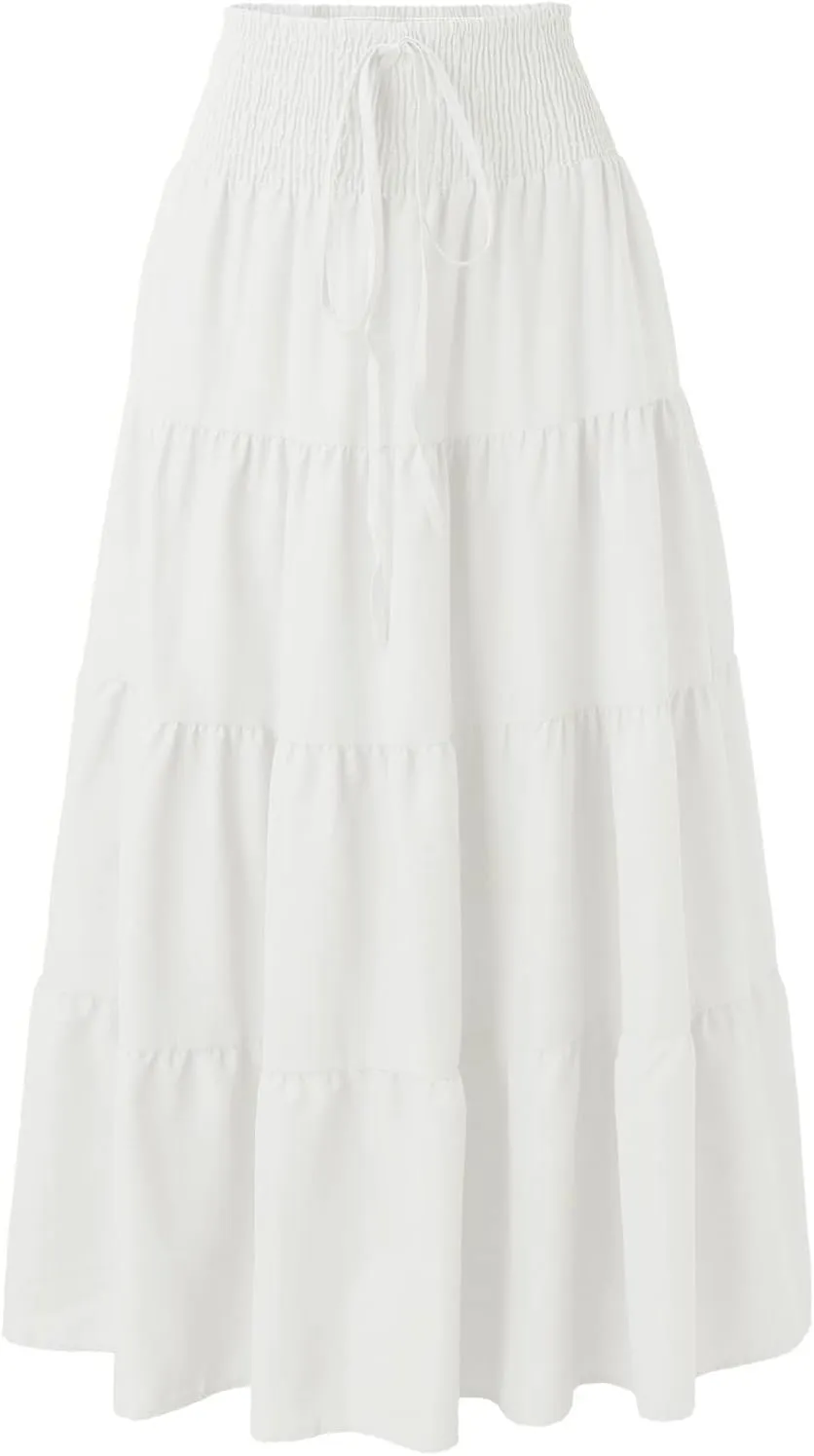 Women's Summer Elastic High Waist Boho Maxi Skirt Casual Drawstring A Line Long Skirt Maxi Skirts for Women