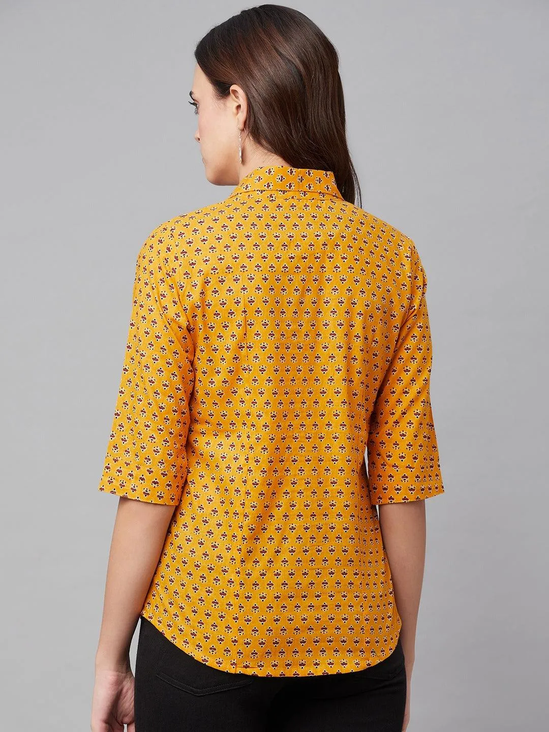 Yellow Block Printed Casual Women Shirts