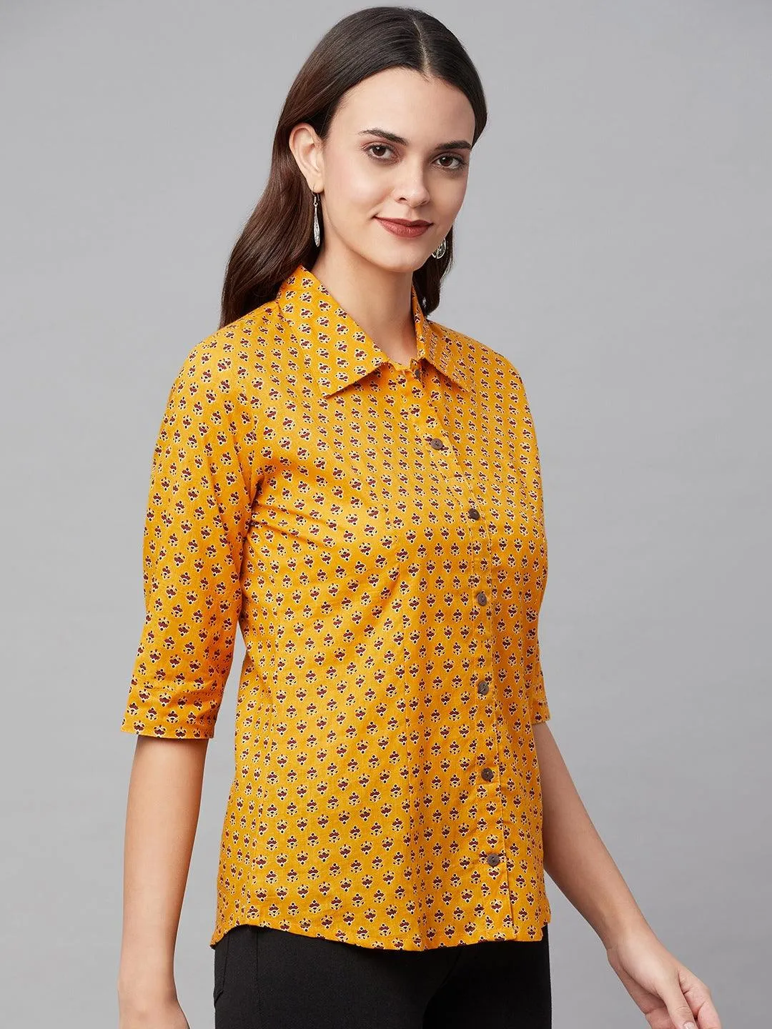 Yellow Block Printed Casual Women Shirts