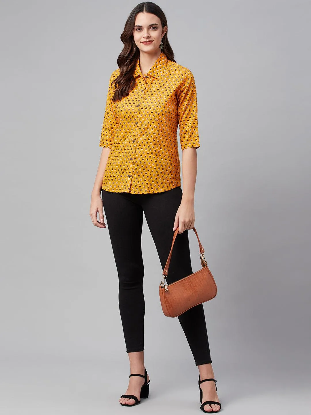 Yellow Block Printed Casual Women Shirts