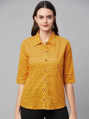 Yellow Block Printed Casual Women Shirts