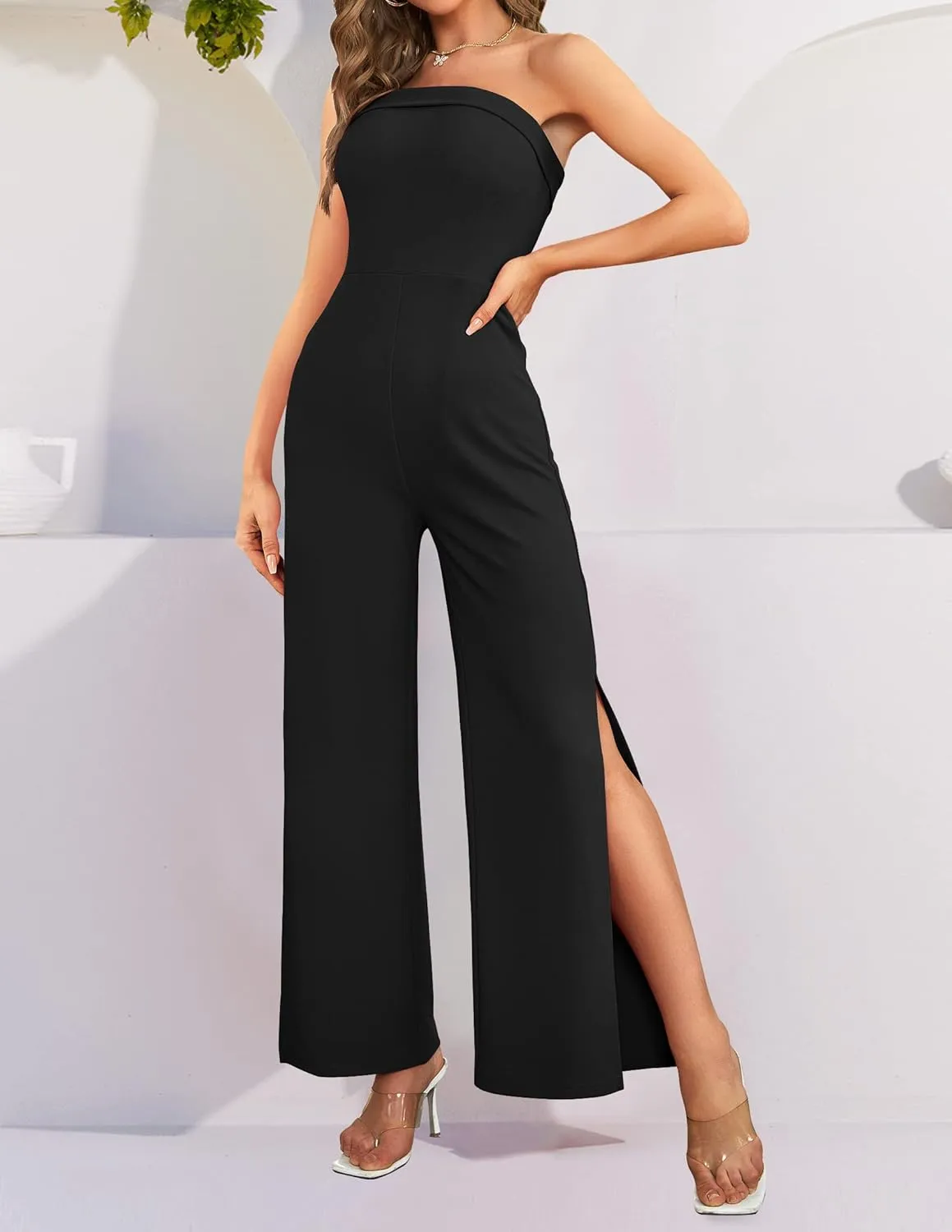 ZESICA Women's Strapless Jumpsuit Casual Off Shoulder High Waist Wide Leg Side Slit Long Romper Playsuits with Pockets