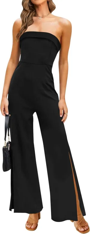 ZESICA Women's Strapless Jumpsuit Casual Off Shoulder High Waist Wide Leg Side Slit Long Romper Playsuits with Pockets